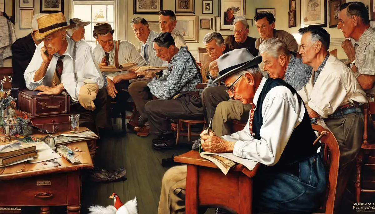 An image showcasing the artistic journey of Norman Rockwell, with dashes instead of spaces. The image displays various paintings by Rockwell throughout his career.