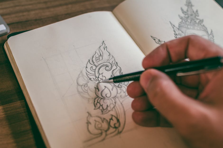 An image depicting a person in deep thought while sketching, surrounded by philosophical symbols and colorful drawings.