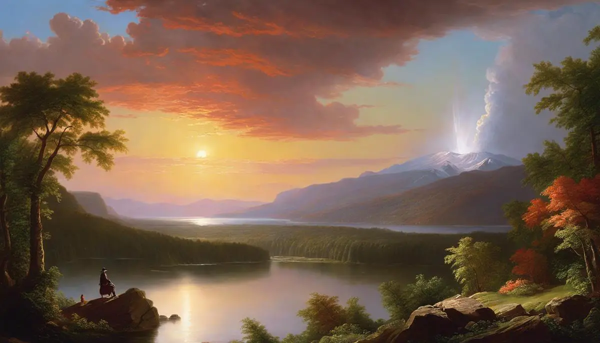 An image depicting Thomas Cole imparting his artistic influence on Frederic Edwin Church through mentorship and shared techniques.